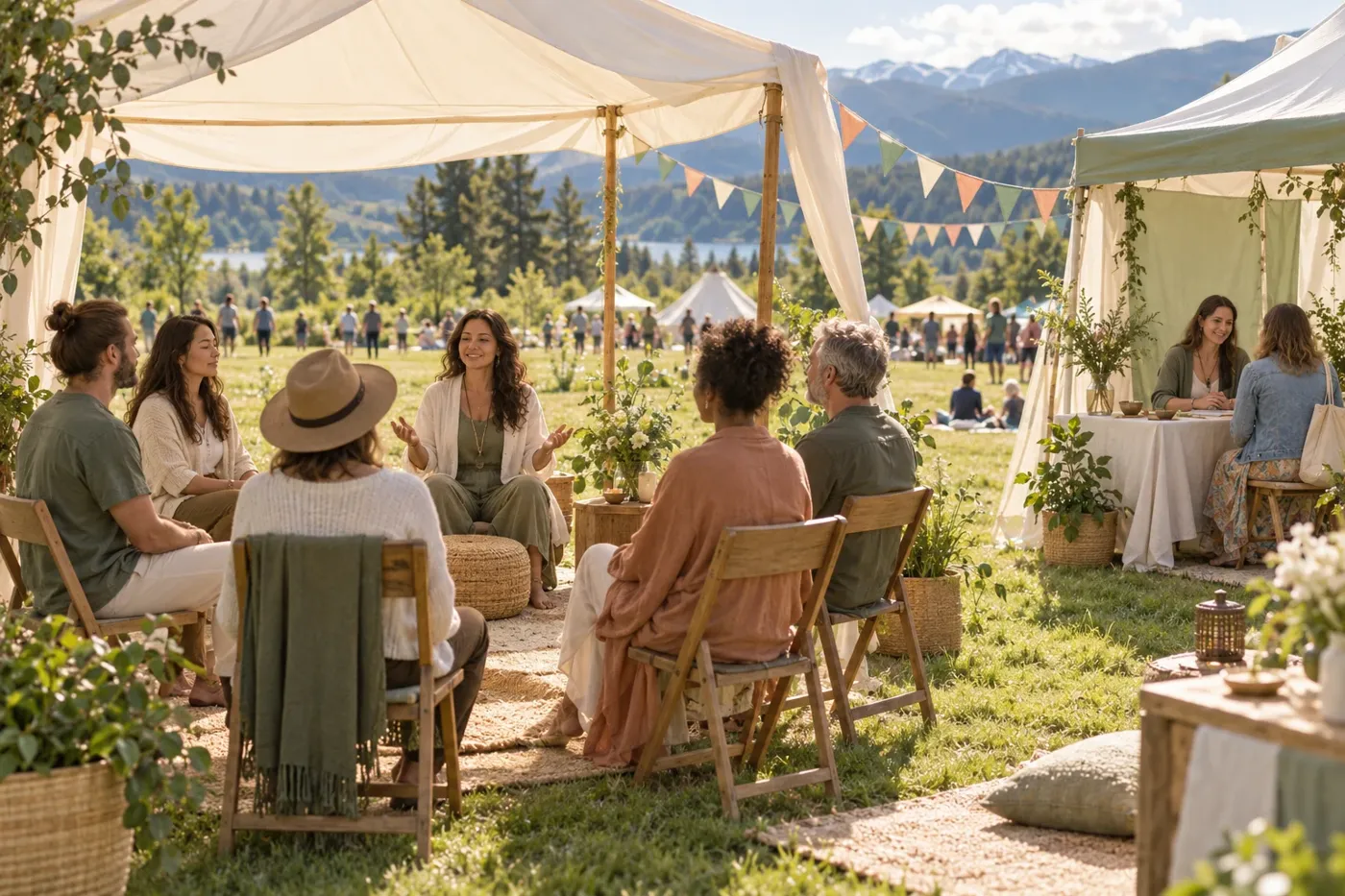 Illustrated outdoor wellness gathering beneath a canvas tent