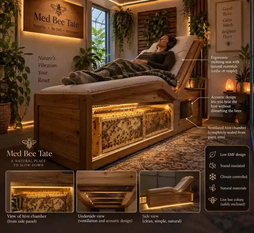 Med Bee Tate hive resting-room concept with a reclining sleeping area above an enclosed bee chamber